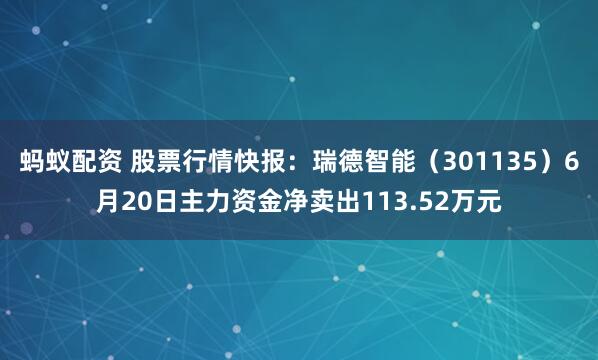 蚂蚁配资 股票行情快报：瑞德智能（301135）6月20日主力资金净卖出113.52万元